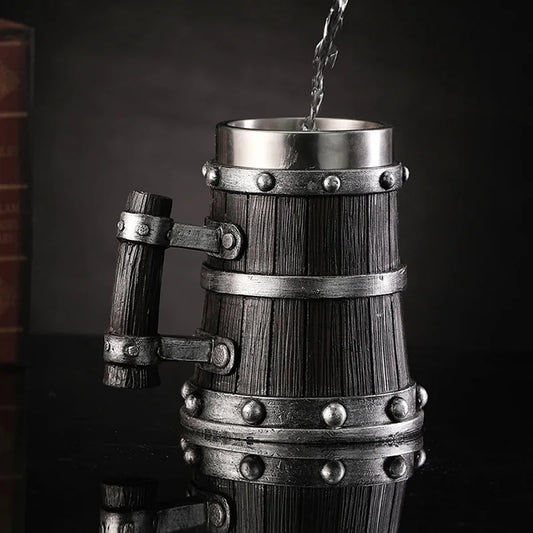 Legendary Viking Wood Style Beer Mug 3D Resin Stainless Steel.